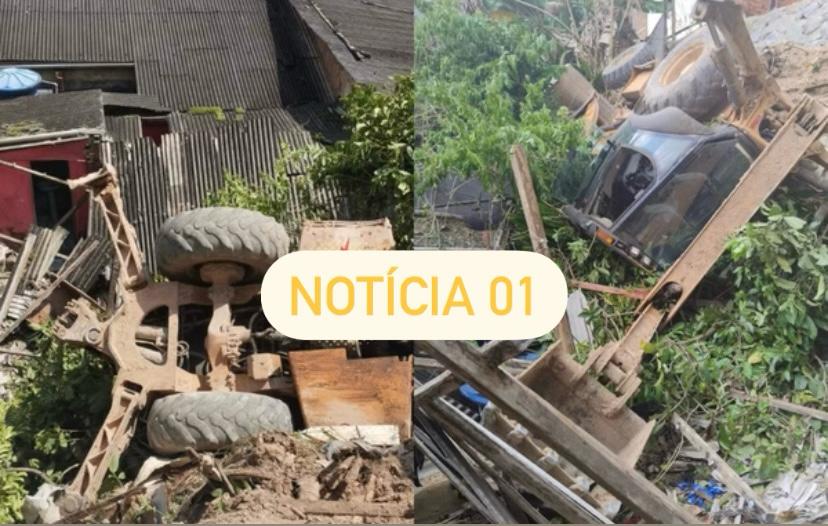 Trator da Prefeitura de Candeias cai em cima de casa durante obra neste domingo (15)