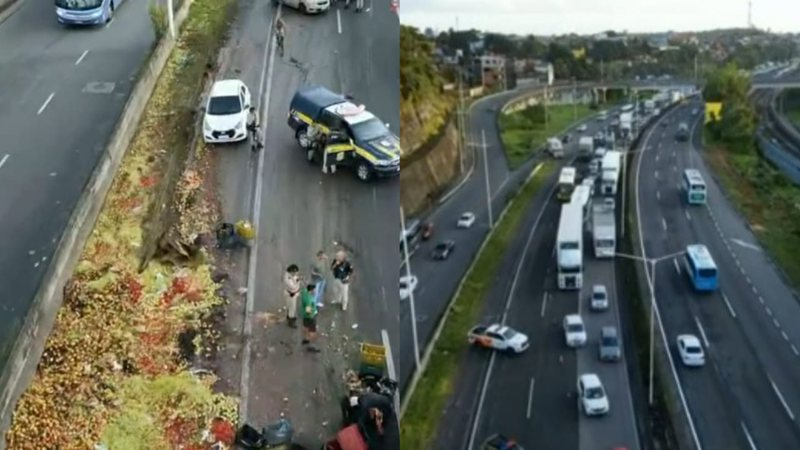 Caminhão tomba na BR-324, carga com 14 mil frutas bloqueia pista parcialmente