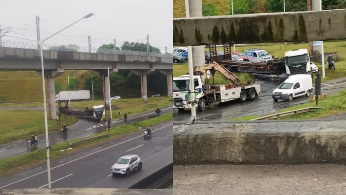 PERRENGE; Carreta que transportava trilhos do VLT quebra e trava trânsito em retorno da BR